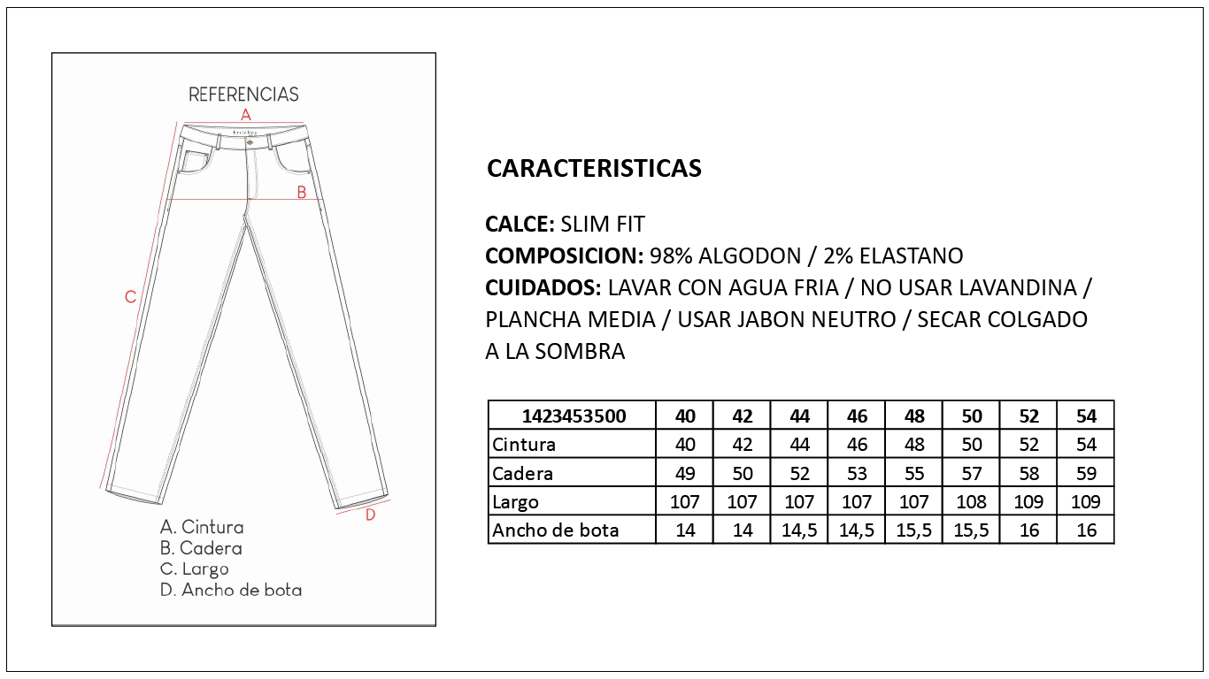 Tabla de Talles Pantal&oacute;n Gabardina Slim Hombre Britches